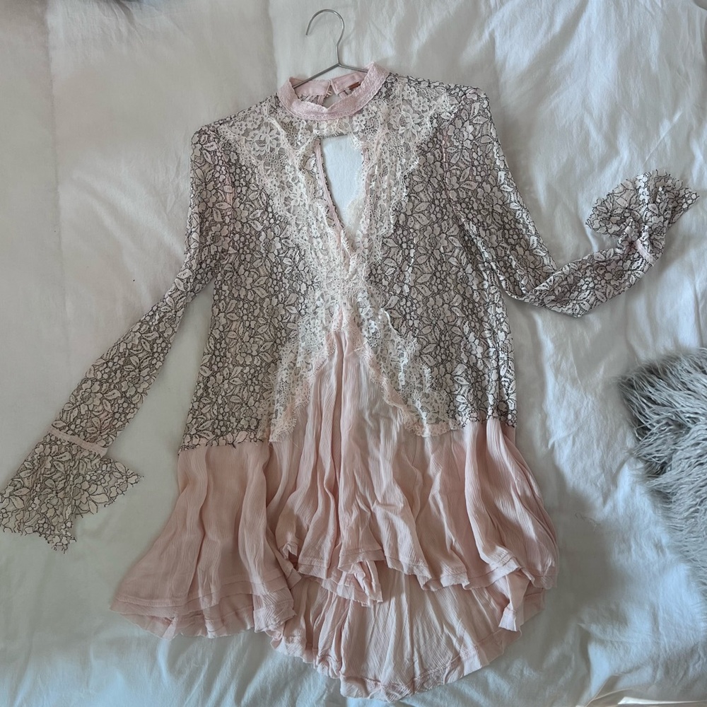 Chic Lace and Pleated Blouse - Pink and Cream